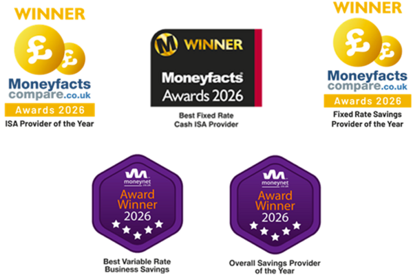 Moneyfacts ISA provider of the year 2026, Moneyfacts best fixed rate cash ISA provider 2026, Moneyfacts fixed rate savings provider of the year 2026, Moneynet best variable rate business savings 2026, Moneynet overall savings provider of the year 2026